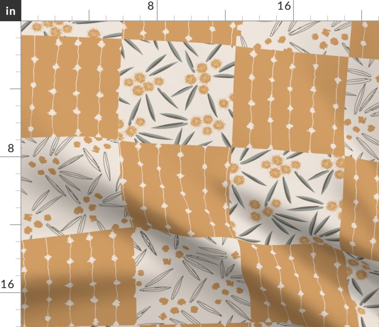 Patchwork Australian Wattle Mustard Yellow Australia Cheater Quilt Quilt Block Wattle Botanical Dots Lines Modern Farmhouse Rustic Farmhouse Custom Printed Fabric by Spoonflower Various Fabrics by the Yard or Fat Quarter